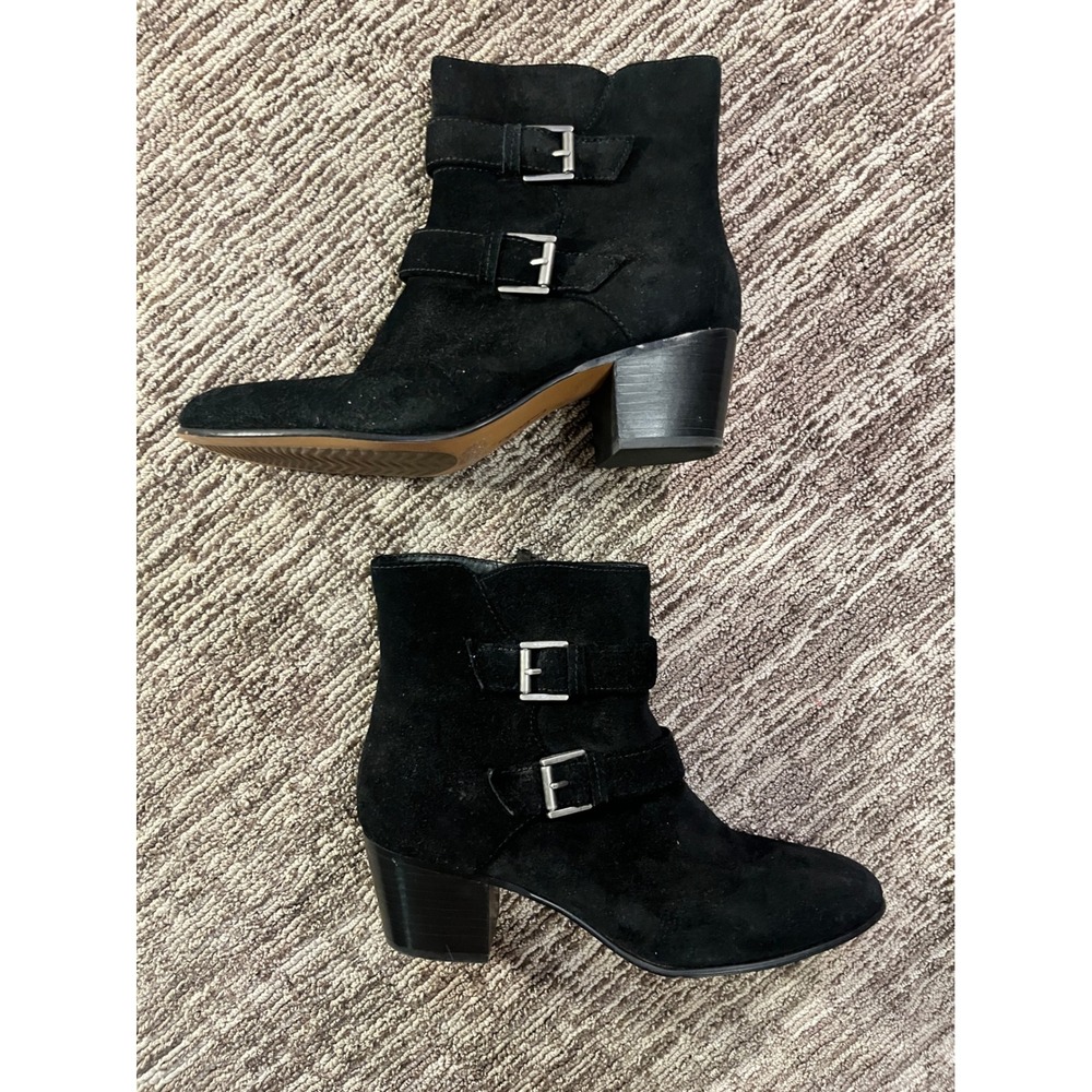 Clarks Womens Black Suede Double Buckle Ankle Boots Block Heel Size 10 M